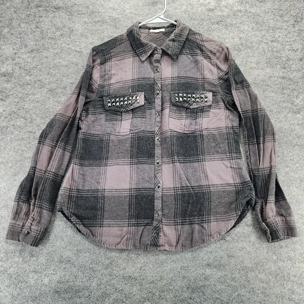 Maurices Shirt Womens Medium Button Up Long Sleeve Gray Plaid